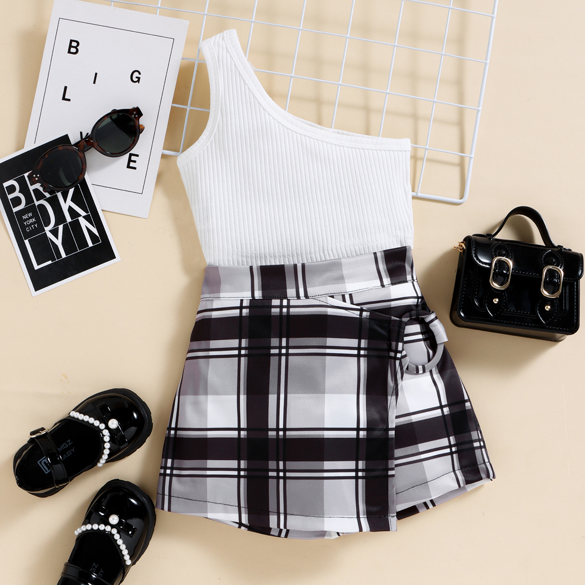购物车加购品和商详页加购品主商品-Toddler Girls Open Shoulder Plaid Top & Shorts Wholesale