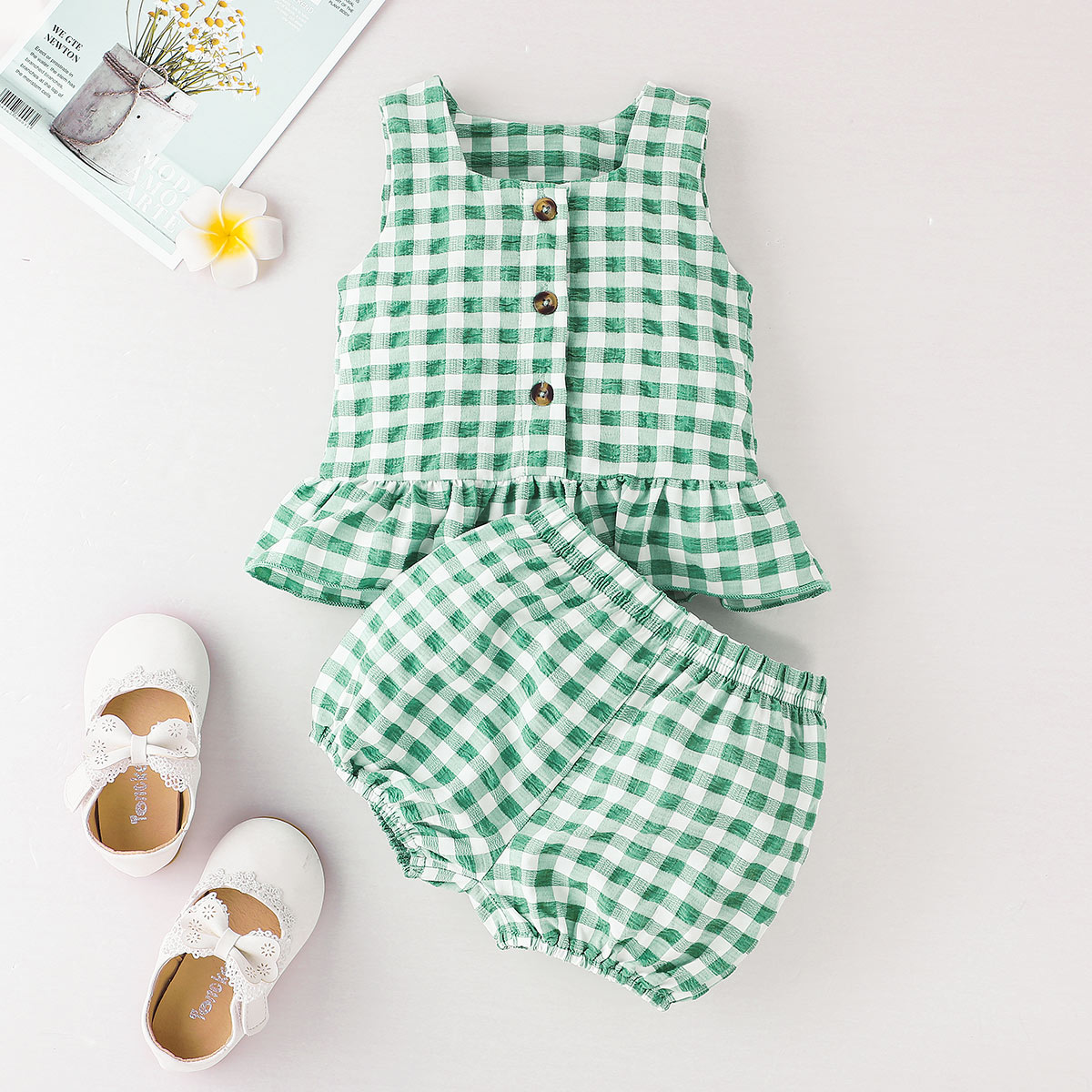 Baby Girl Plaid Sleeveless Top And Shorts Wholesale-Baby Clothes Suit -babiesclotheswholesale