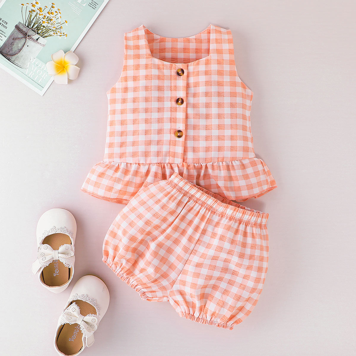 Baby Girl Plaid Sleeveless Top And Shorts Wholesale-Baby Clothes Suit -babiesclotheswholesale