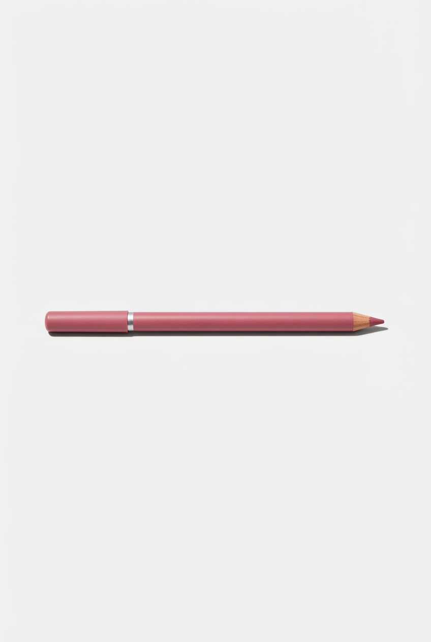 Pink lip liner pencil centered on matte off-white background