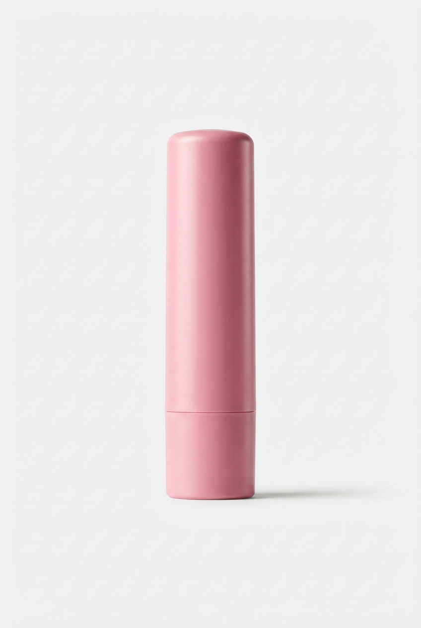 Pink lip balm standing upright on matte off-white background