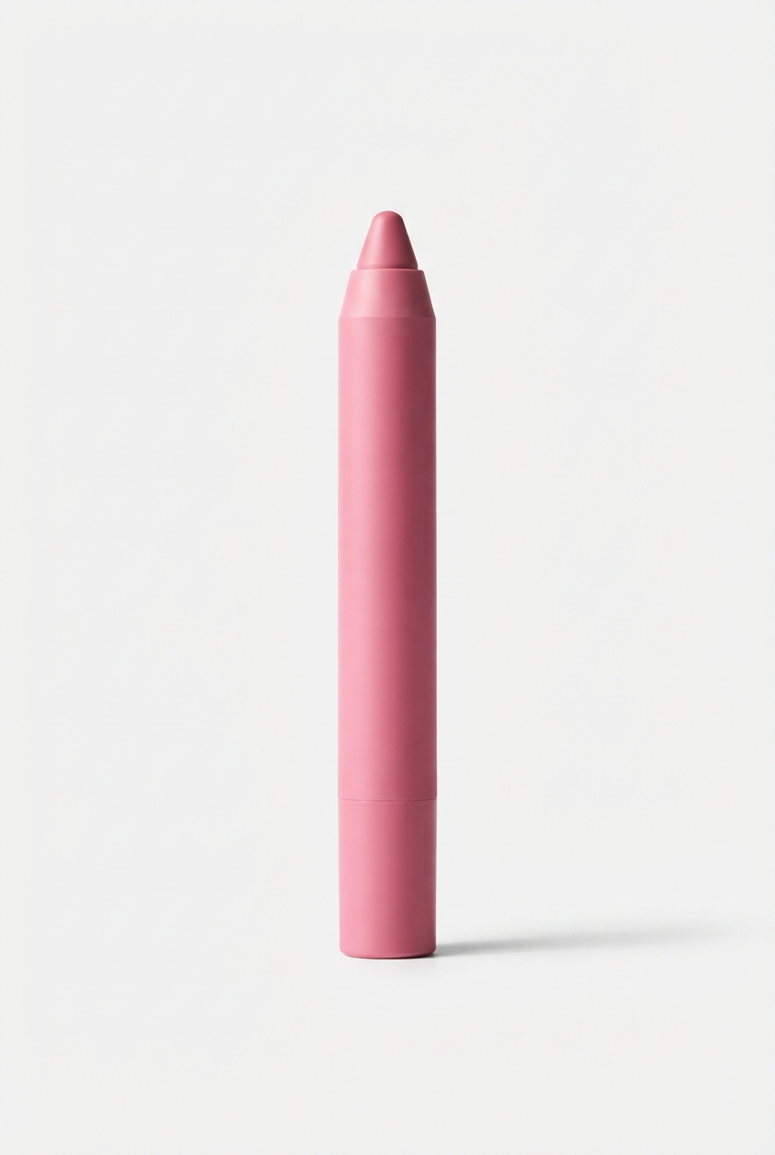 Pink lip crayon centered on matte off-white surface