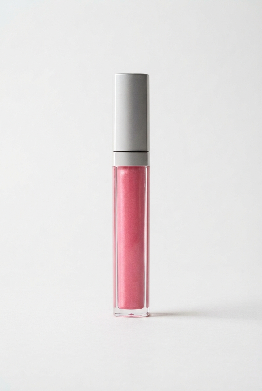 Pink lip gloss tube placed centered on off-white matte surface