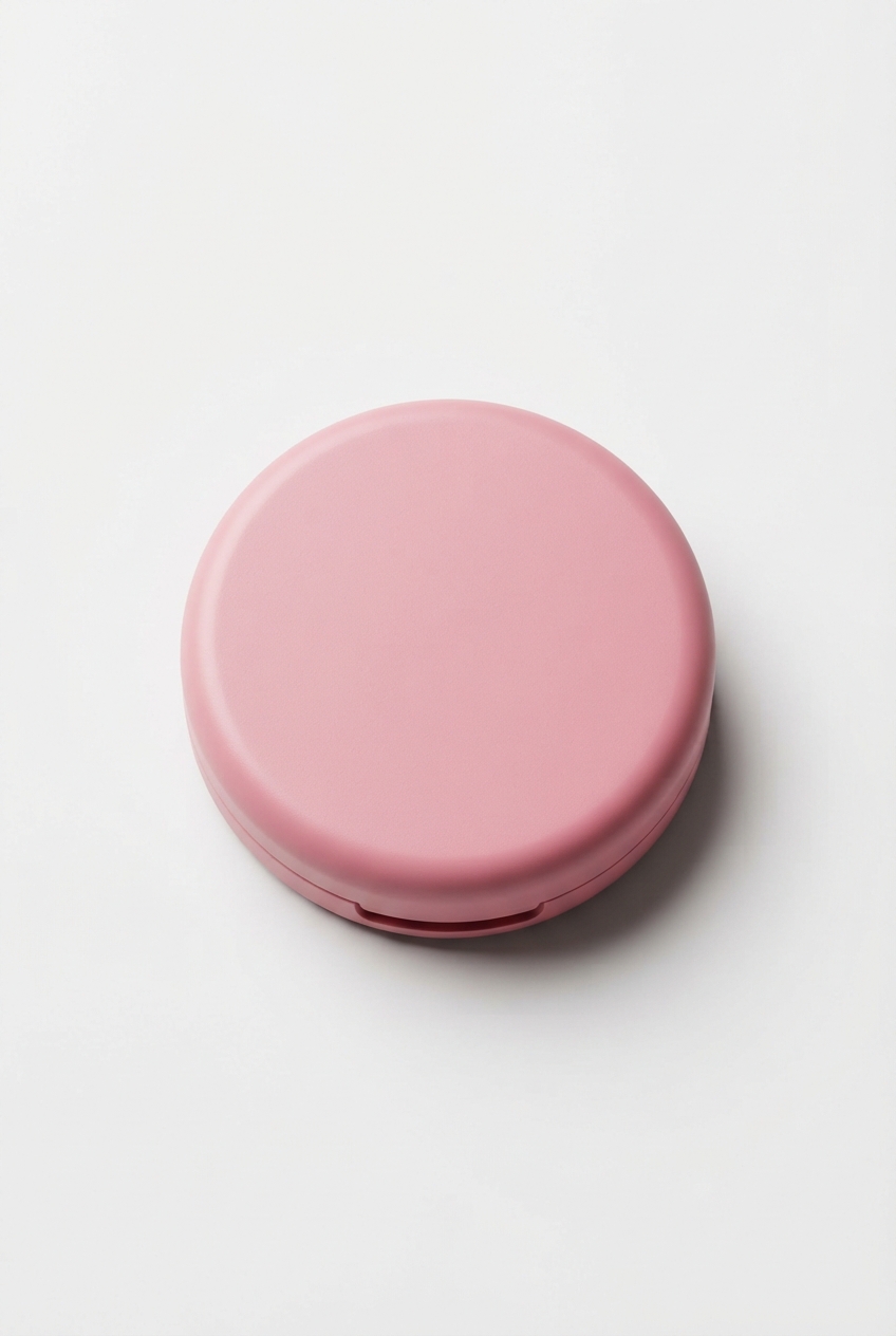 Pink lip care compact opened on matte off-white background