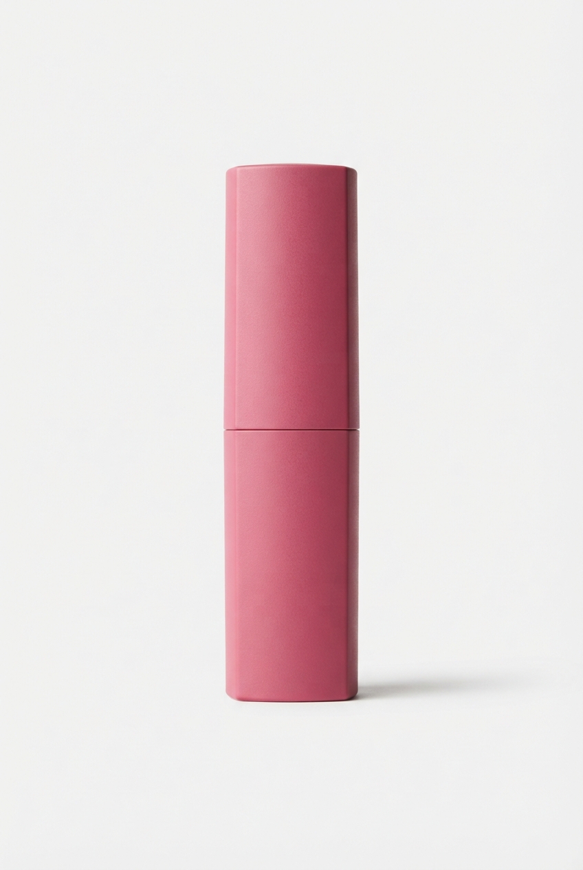 Pink satin-finish lipstick standing centered on matte off-white background