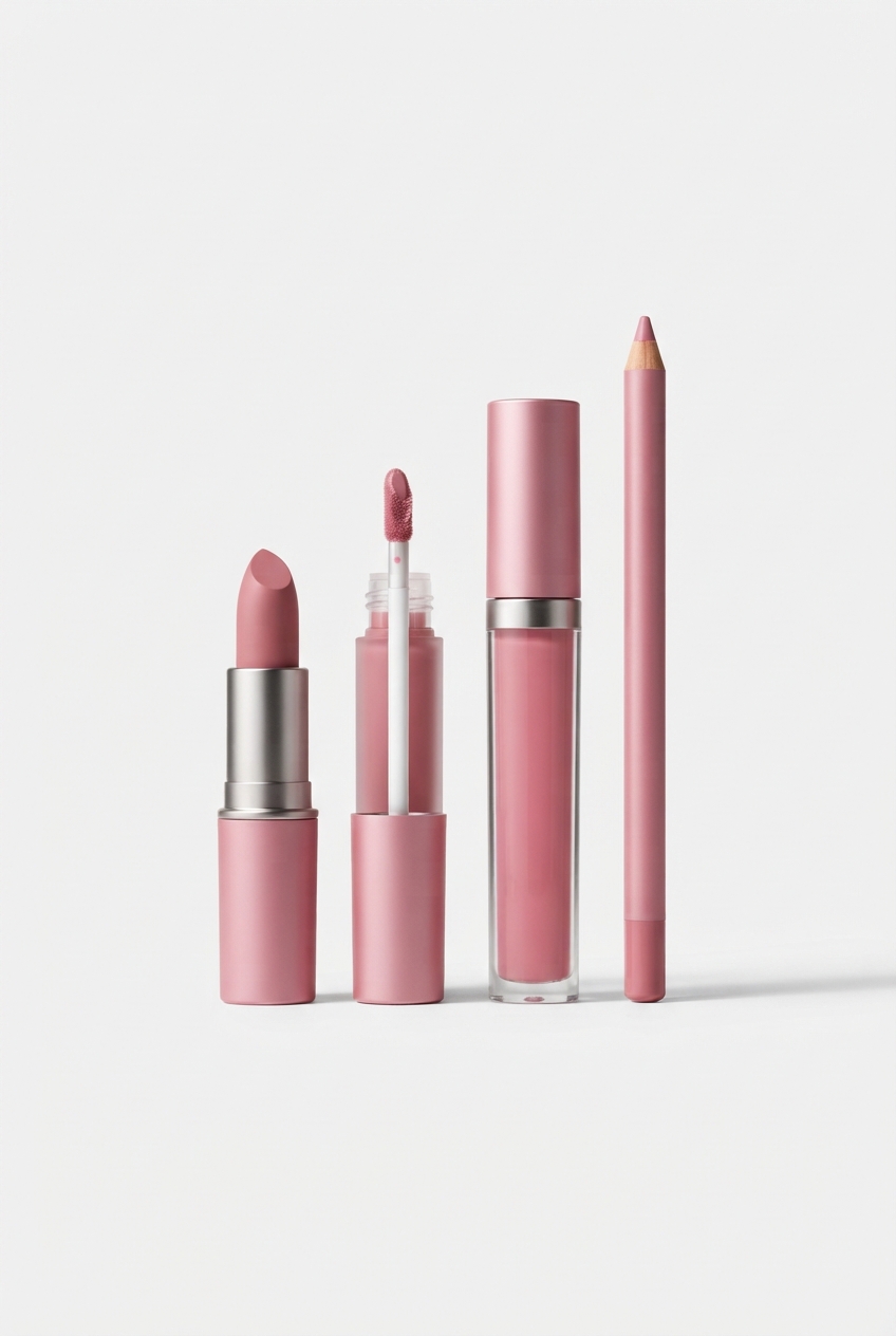 Pink lipstick and lip liner set centered on matte off-white background