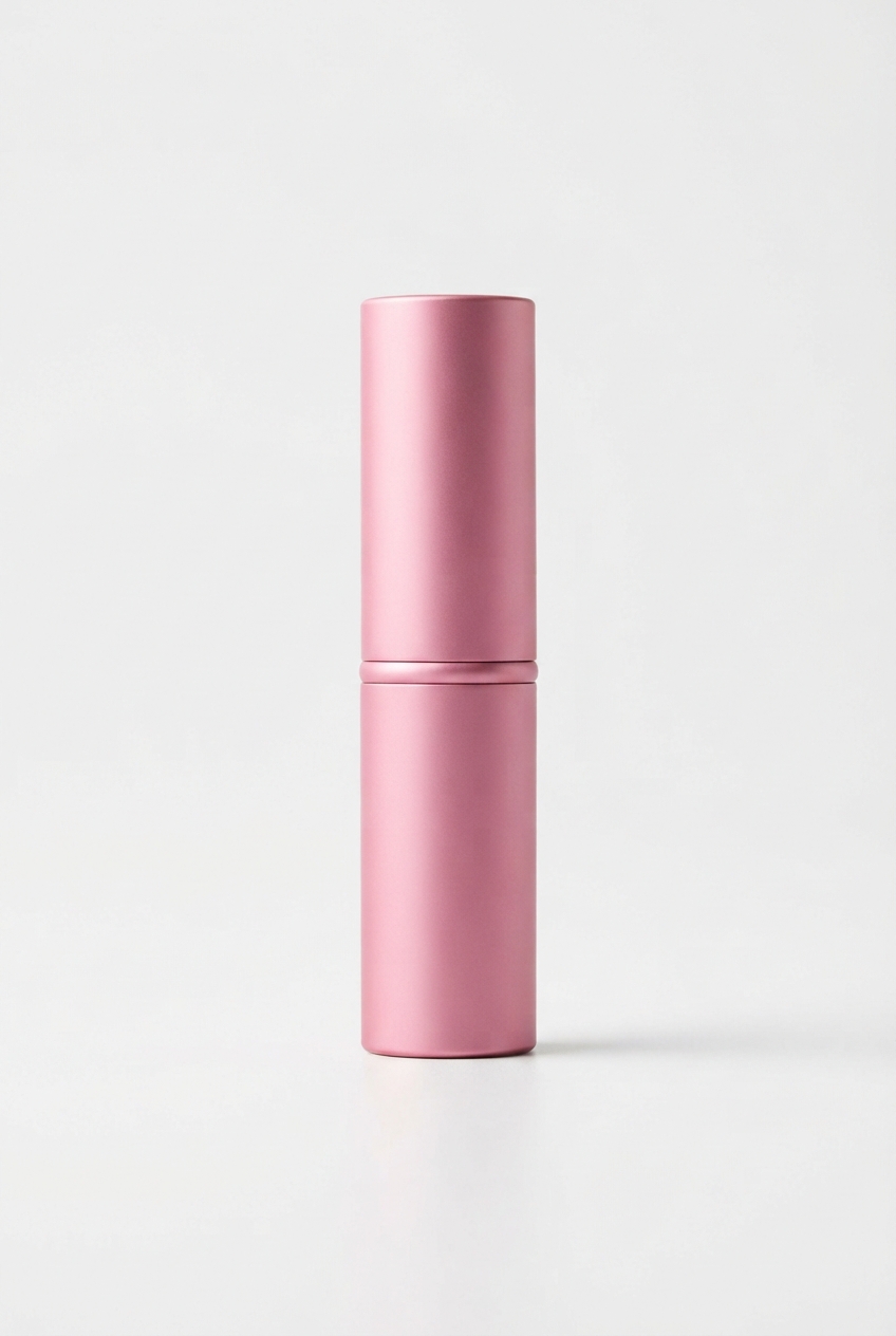 Pink mini lipstick centered on matte off-white surface