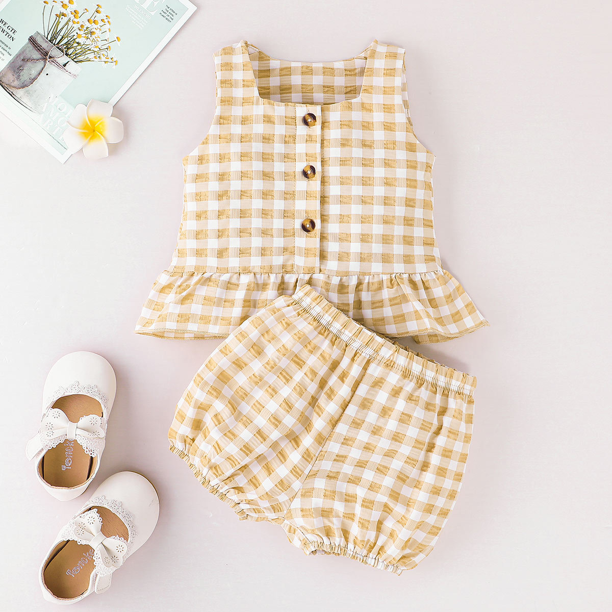 Baby Girl Plaid Sleeveless Top And Shorts Wholesale-Baby Clothes Suit -babiesclotheswholesale