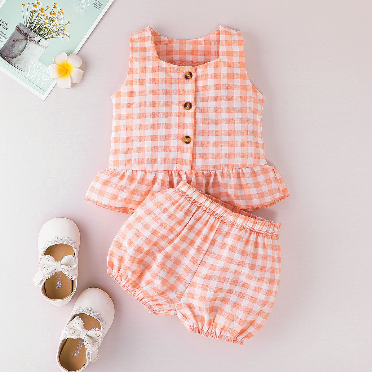 Baby Girl Plaid Sleeveless Top And Shorts Wholesale