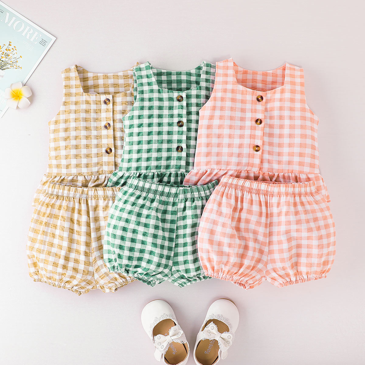 Baby Girl Plaid Sleeveless Top And Shorts Wholesale