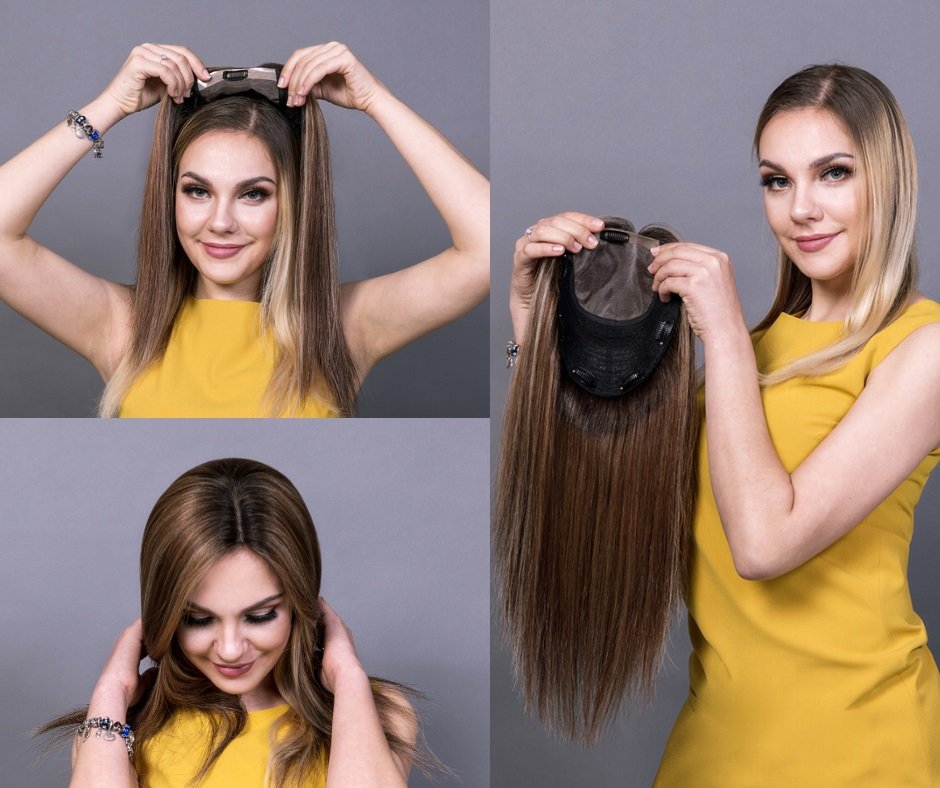 A young lady model showcasing a brown shade human hair topper designed for hair loss and thinning hair, highlighting its natural look and seamless blend with her own hair.