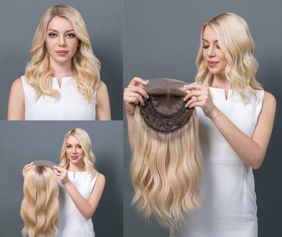A young lady model showcasing a blonde human hair topper designed for hair loss, highlighting its natural look and seamless blend with her own hair.