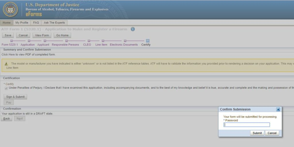 Submit Form 1 Application for Processing