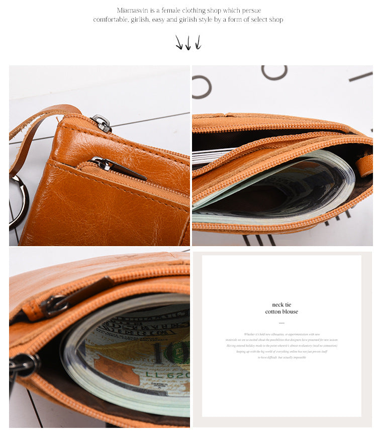 Retro zipper short cowhide small change card holder mySite