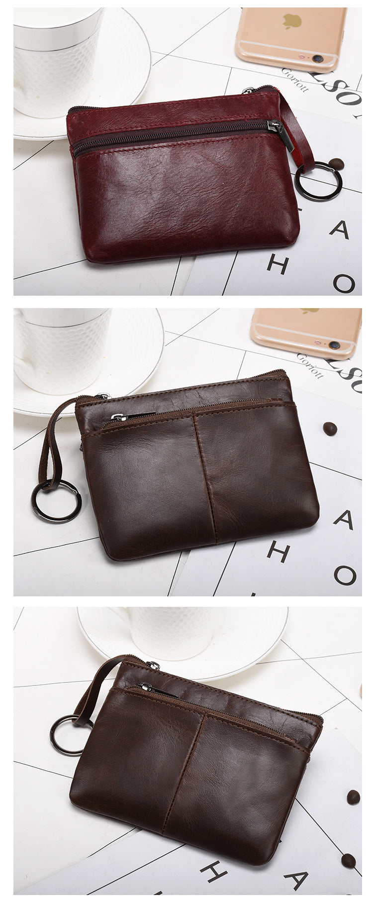 Retro zipper short cowhide small change card holder mySite