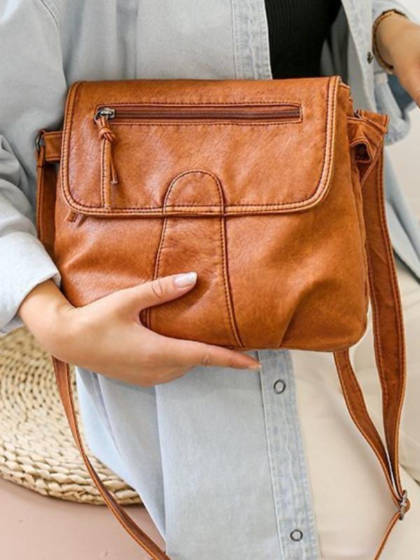 Vintage Washed Leather Pleated Utility Bag mySite