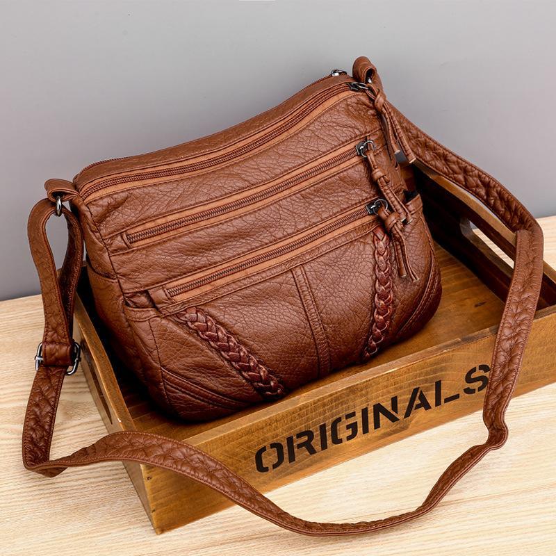 Casual soft leather solid color large capacity shoulder bag mySite