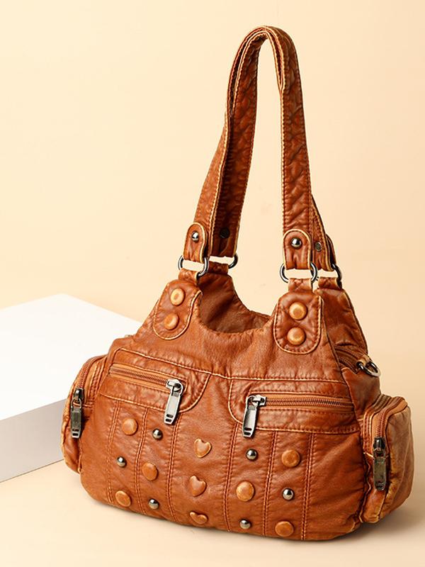Heart Studded High Capacity Washed Leather Bag mySite