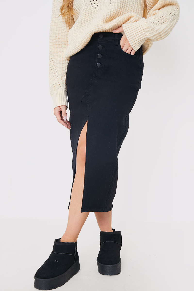 Split Hem Denim Midi Skirt