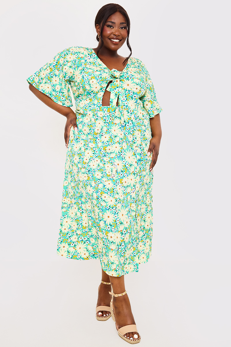 Printed Angel Sleeve Tie Midi Dress With Split