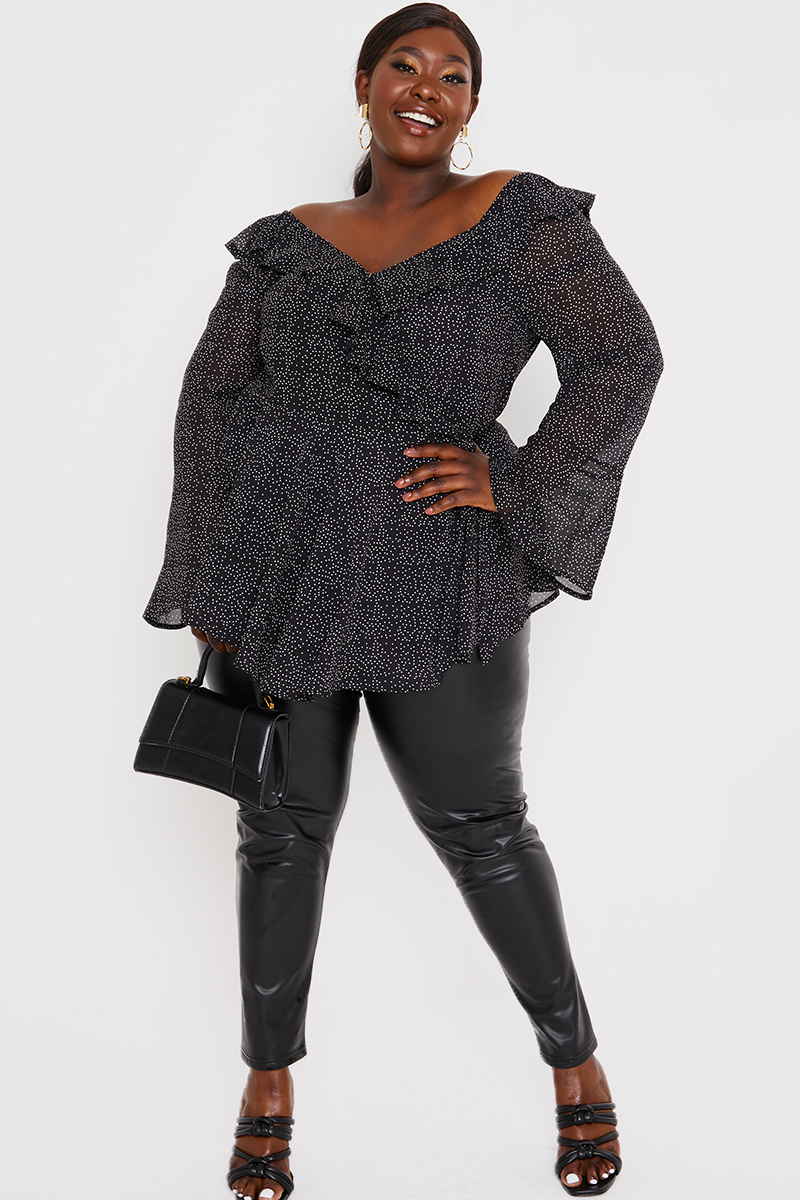 Polka Dot Print Off The Shoulder Top With Tie Waist