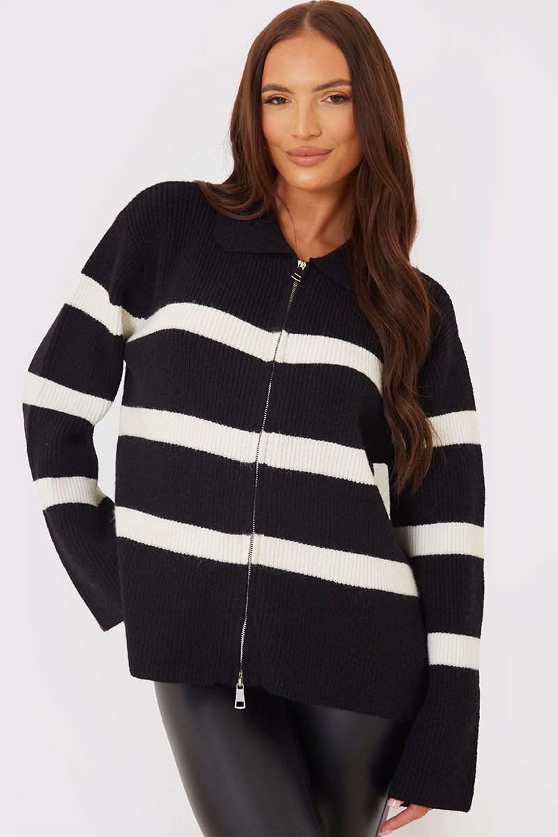 Monochrome Striped Collar Zip Through Jumper