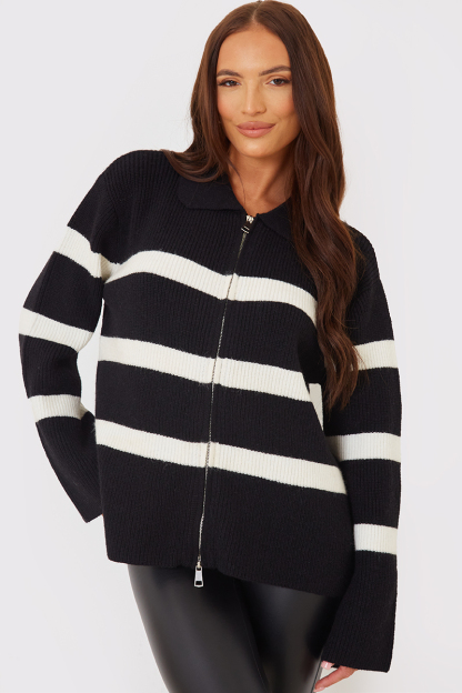 Monochrome Striped Collar Zip Through Jumper