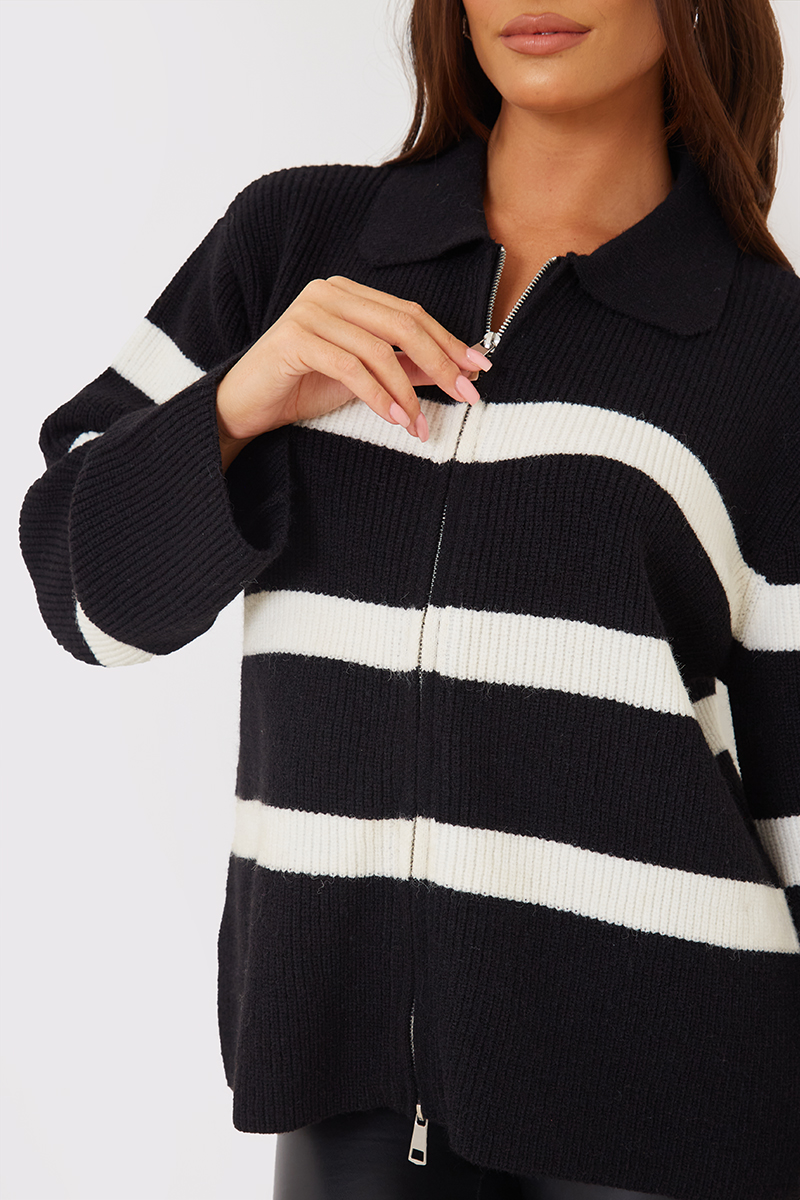 Monochrome Striped Collar Zip Through Jumper