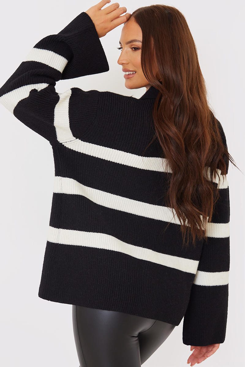 Monochrome Striped Collar Zip Through Jumper
