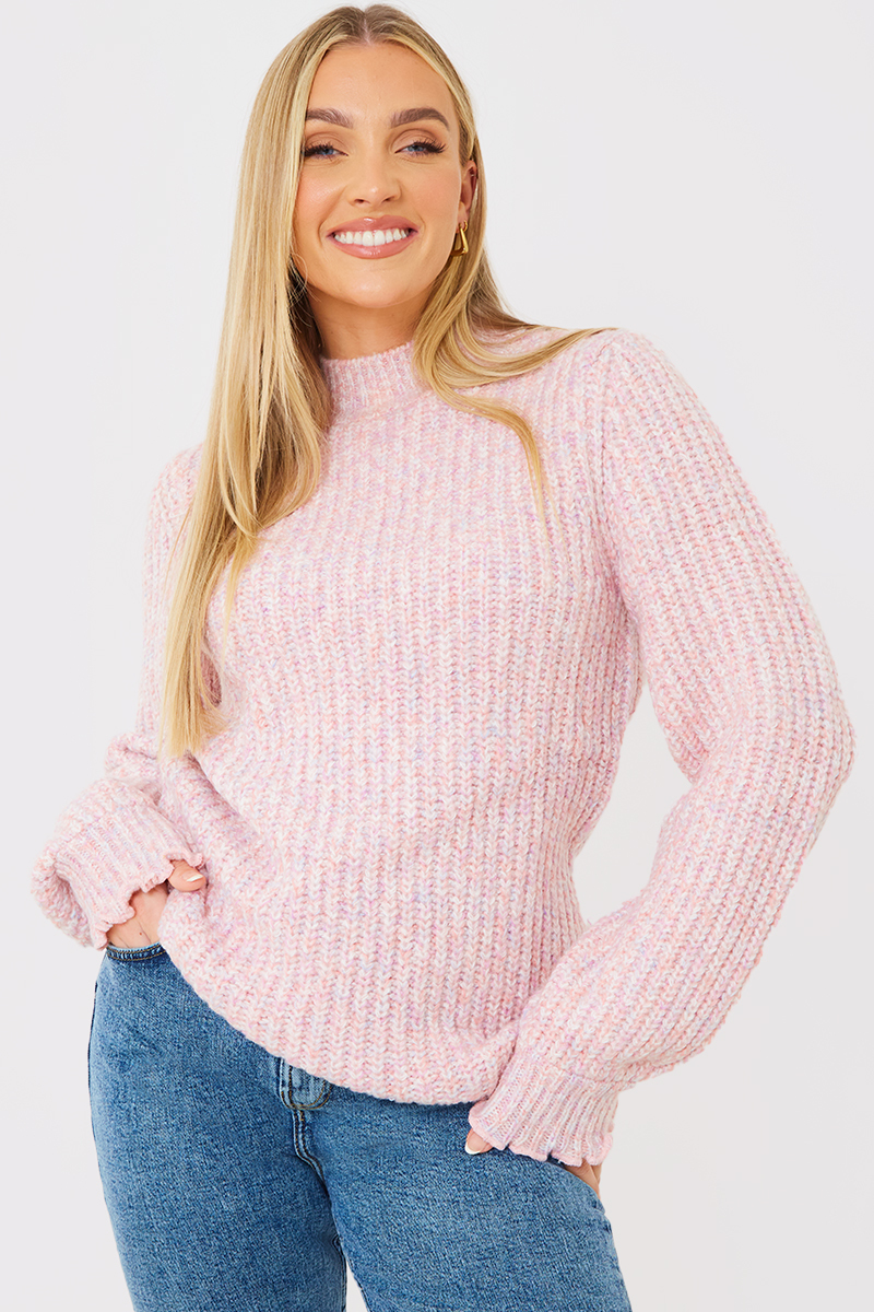 Recycled Space Dye Roll High Neck Jumper With Frill Cuff