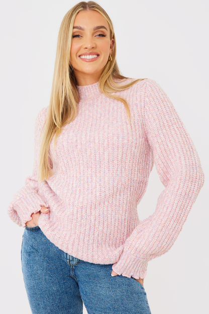 Recycled Space Dye Roll High Neck Jumper With Frill Cuff