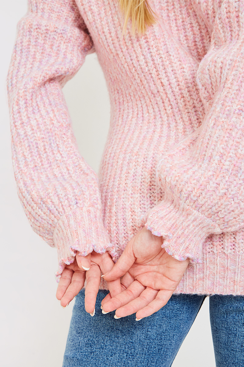 Recycled Space Dye Roll High Neck Jumper With Frill Cuff