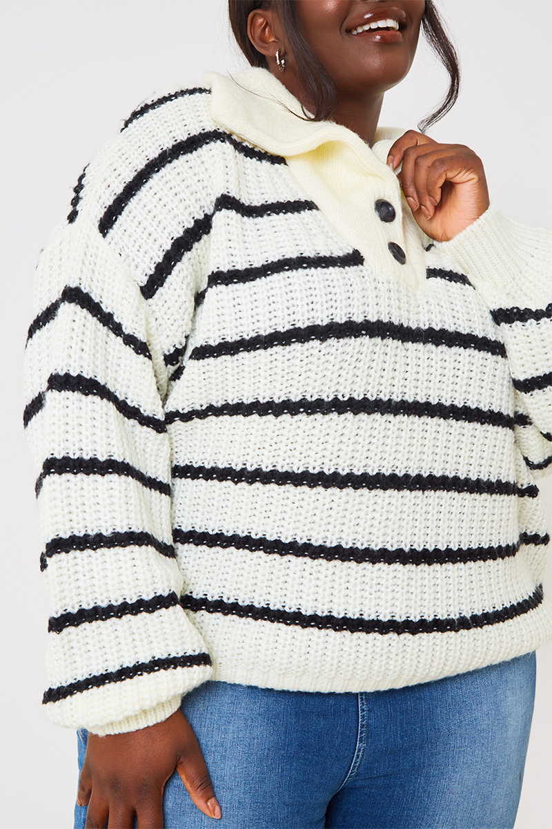 Recycled Stripe Half Button Knitted Jumper