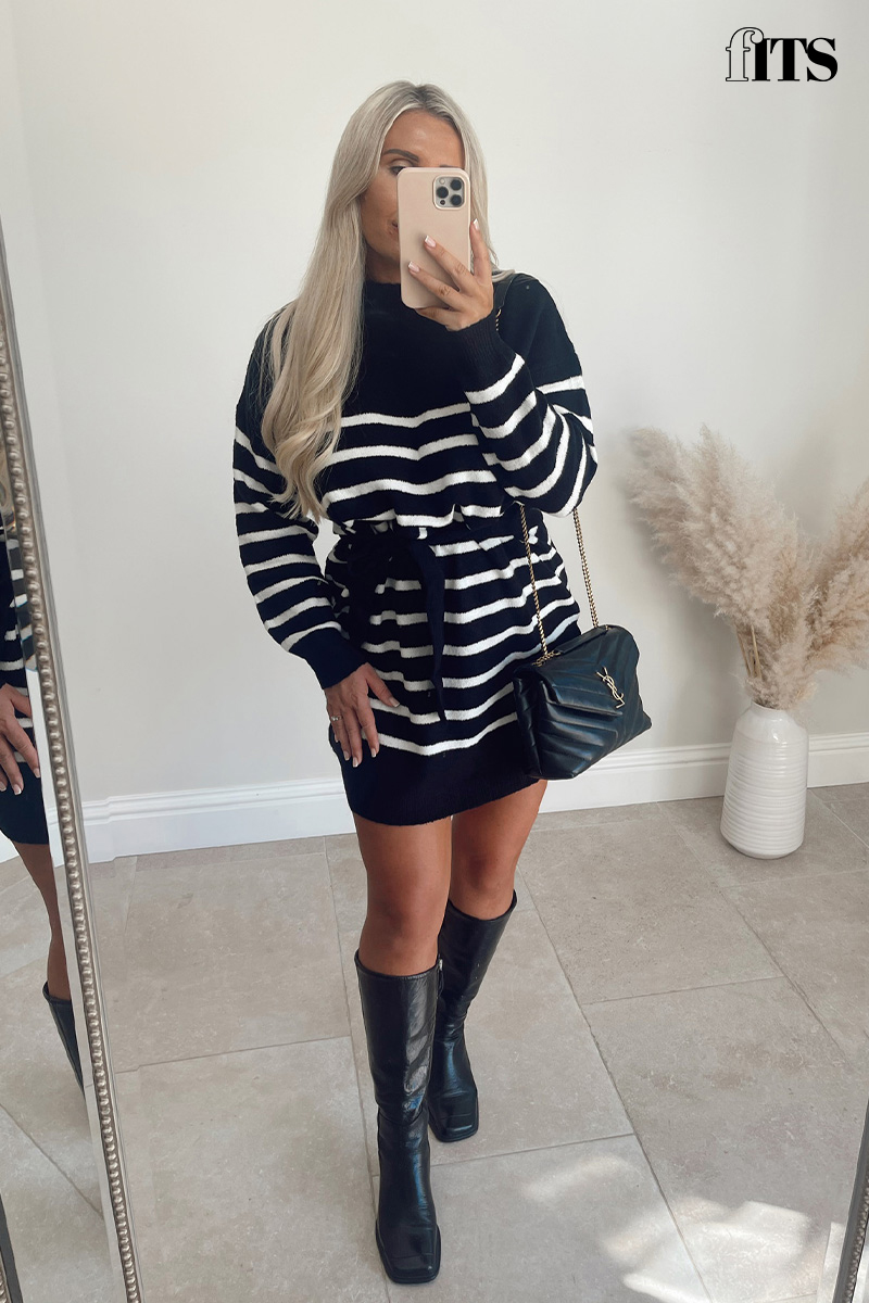 Monochrome Knitted High Neck Stripe Belted Jumper Dress