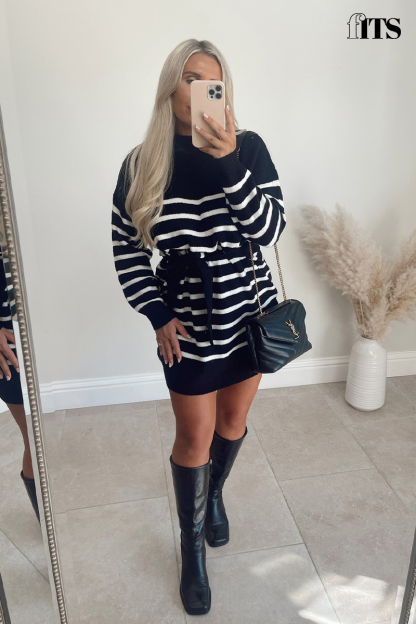 Monochrome Knitted High Neck Stripe Belted Jumper Dress