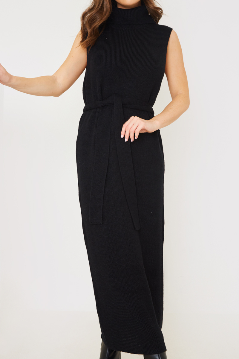 Roll Neck Sleeveless Belted Midaxi Knitted Dress