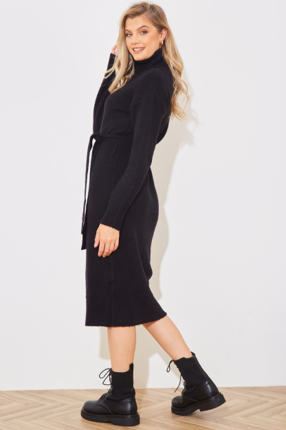 Knitted Roll Neck Belted Jumper Midaxi Dress