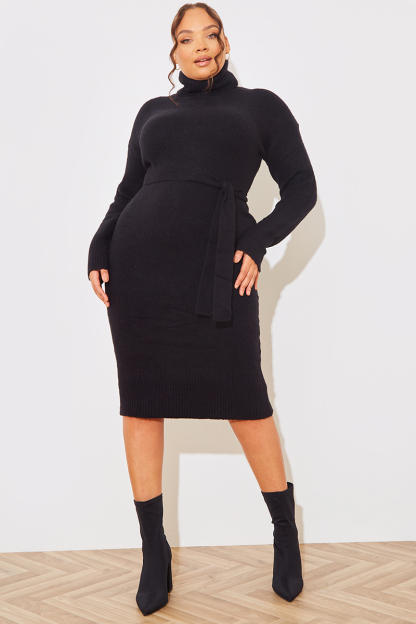 Knitted Roll Neck Belted Jumper Midaxi Dress