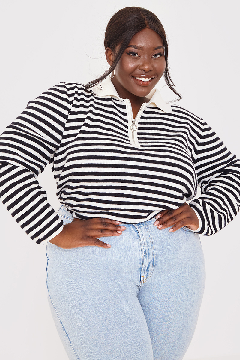 Monochrome Stripe Sustainable Half Zip Polo Jumper