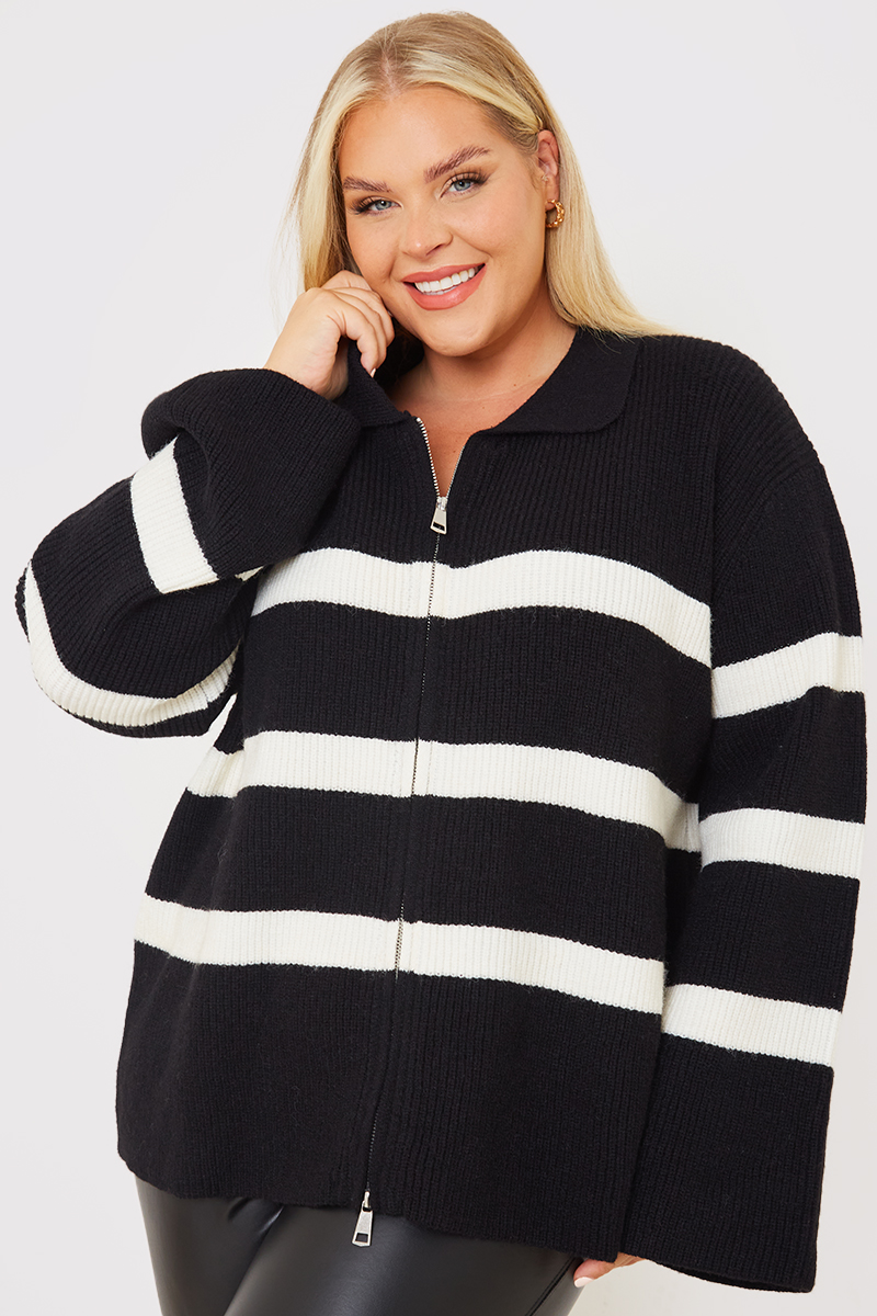 Monochrome Striped Collar Zip Through Jumper