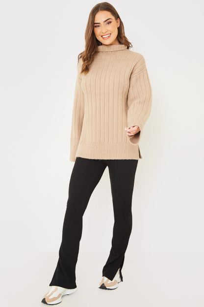 Wide Rib High Neck Longline Knitted Jumper