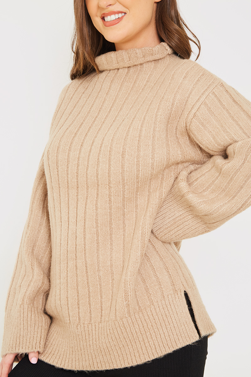 Wide Rib High Neck Longline Knitted Jumper