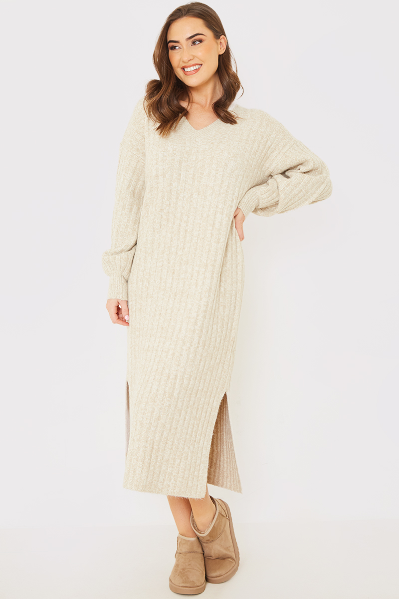 V Neck Wide Rib Midaxi Knitted Dress