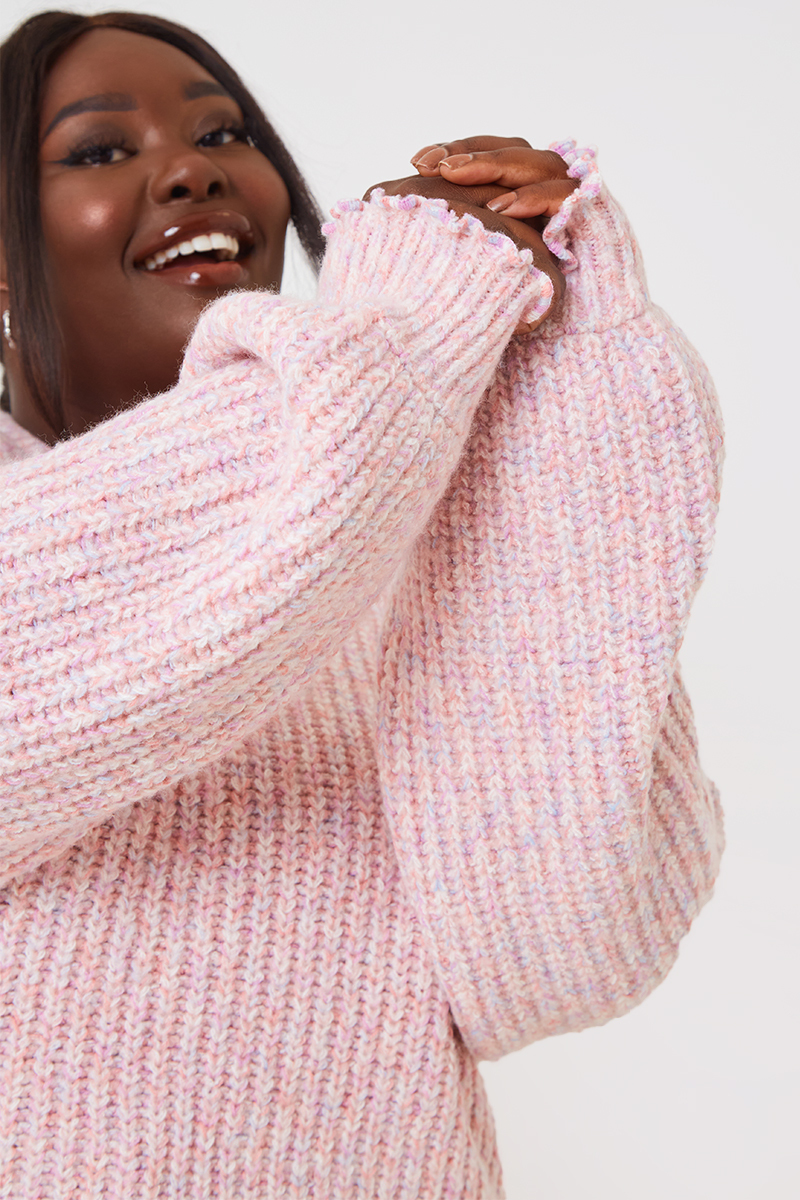 Recycled Space Dye Roll High Neck Jumper With Frill Cuff