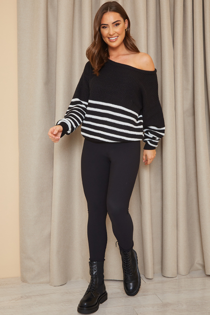 Monochrome Stripe Off Shoulder Knitted Jumper