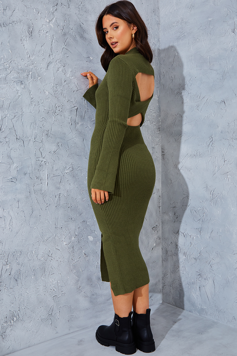 Thick Ribbed High Neck Twist Back Midi Dress