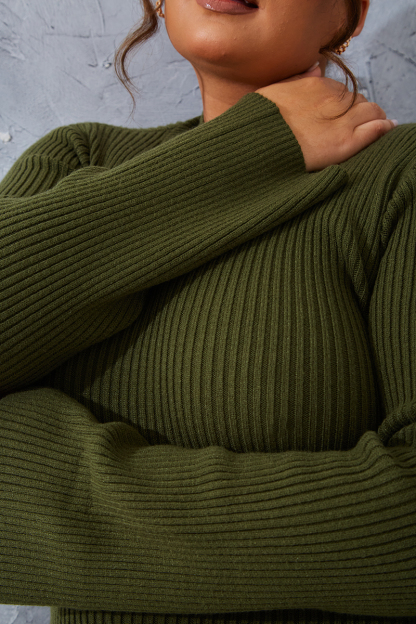 Thick Ribbed High Neck Twist Back Midi Dress