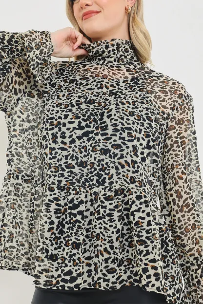 Leopard Print Animal High Neck Blouse