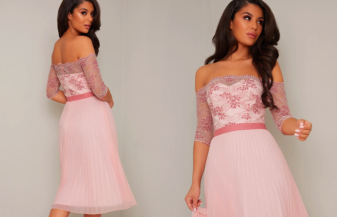 Bardot Sheer Lace Overlay Pleated Midi Dress