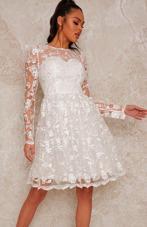Long Sleeve Floral Embroidered Skater Dress in White